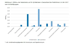 Abbildung 2: DDDAnat der Niederlande und für QS-Betriebe in Deutschland bei Masthühnern im Jahr 2017 nach Wirkstoffgruppen. (Zum Vergrößern bitte auf das Bild klicken)